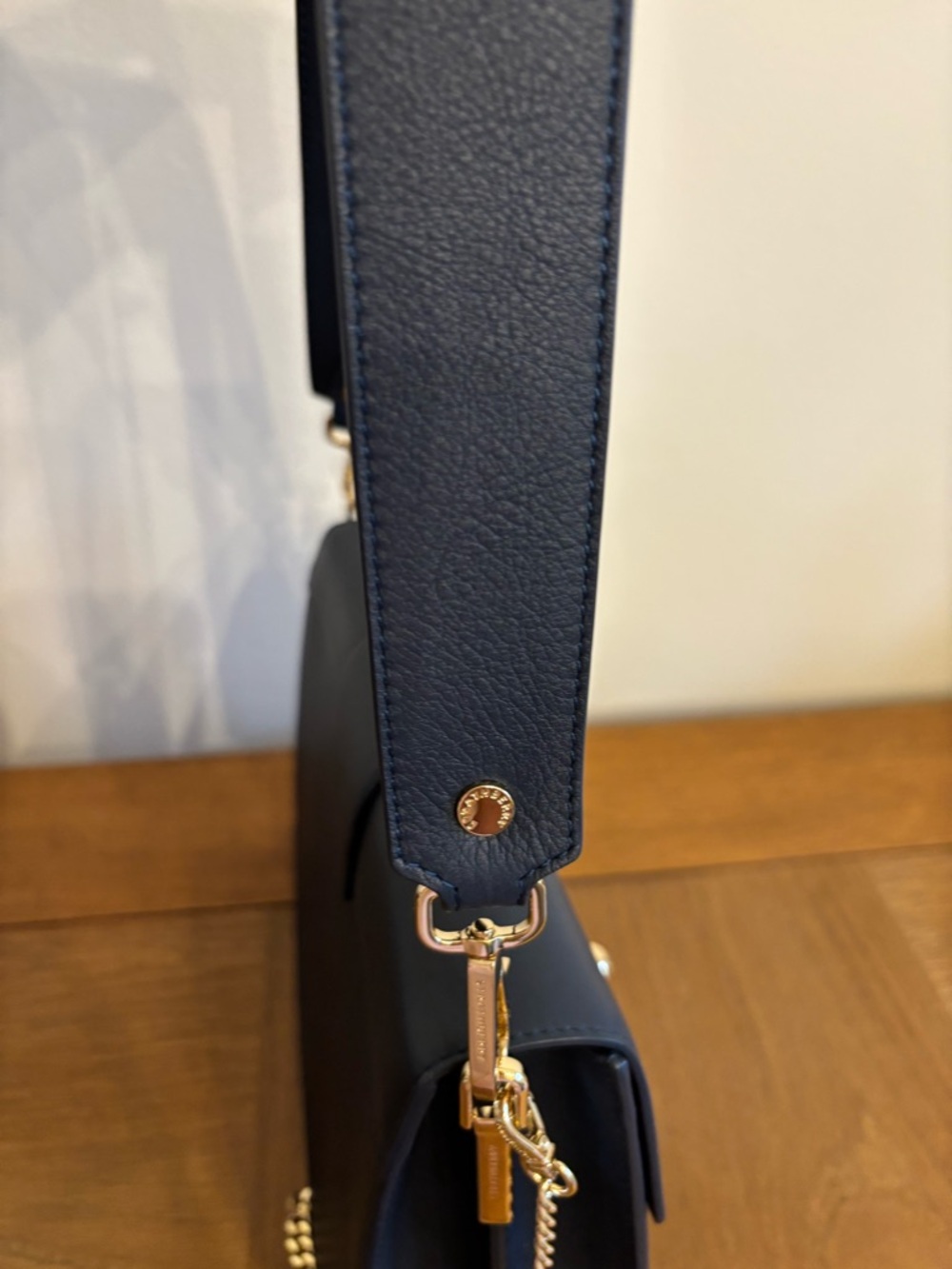 Strathberry Crescent Leather Shoulder Bag Navy Gold Hardware Crossbody - Picture 12 of 15